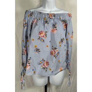 New Look Women’s Off-Shoulder Floral Striped Blouse Size 8 Blue Summer Top